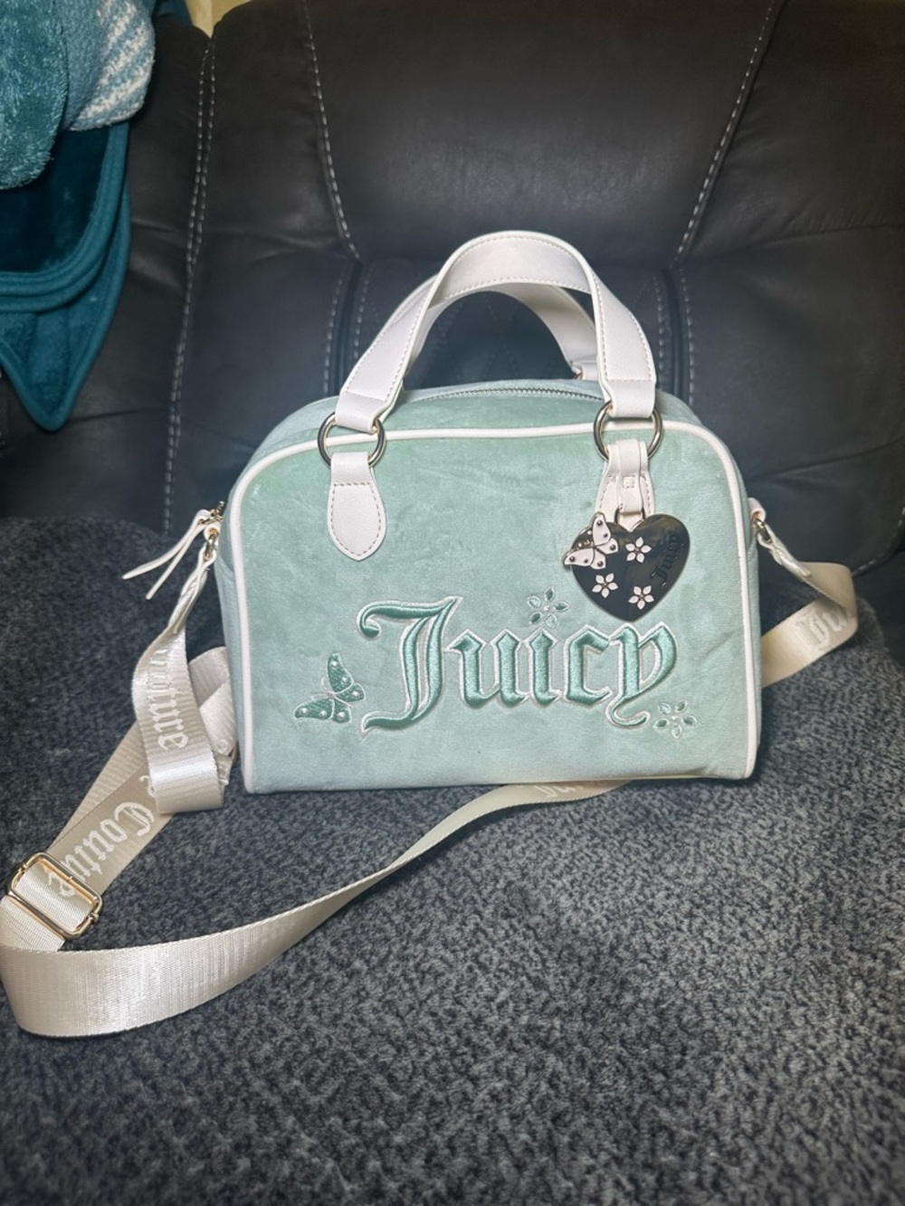 Juicy Couture Mint Green Velvet Logo Crossbody Satchel with Cream Strap